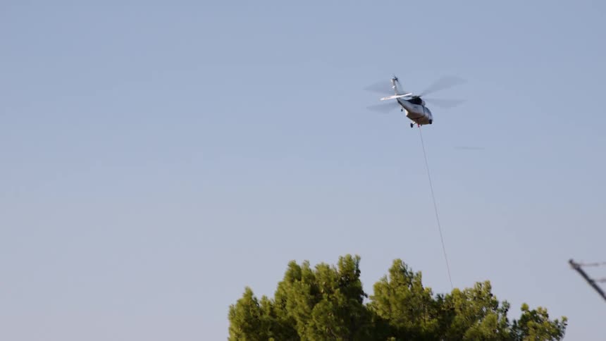 A helicopter uses a cable to carry something across a forest
