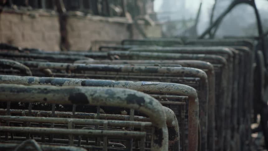 Burnt shopping carts sit in lines near brick wall in disaster area on a foggy day