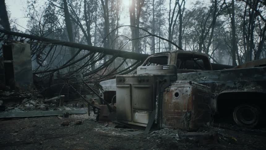 A vehicle and forest are burned