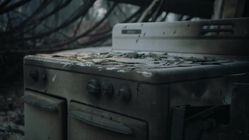 Close up of a burned stove top gas oven inside a burned down house