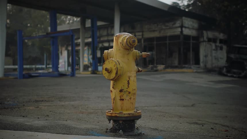 A rusty fire hydrant in front of an abandoned gas station