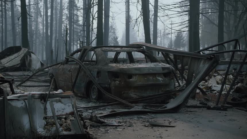 A burned out automobile sits among debris in the woods as smoke fills the sir