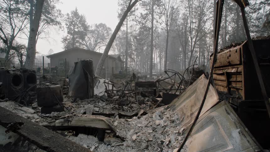 Debris and the remains of a destroyed home stand near the woods next to a house in a smoke filled sky