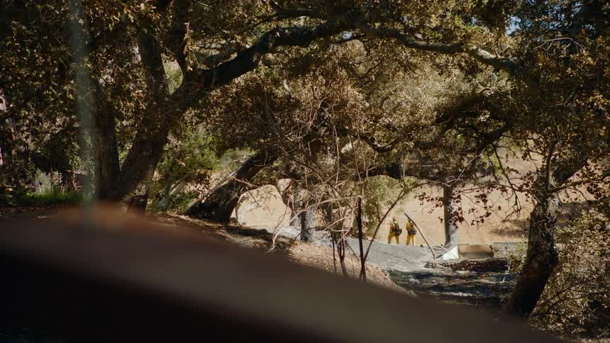Two people stand on a trail in the woods