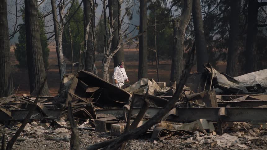 A man surveying damage after a fire raises his hand as he calls for help when he sees a pet