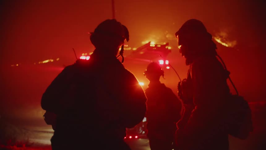 Firefighters silhouetted against flashing fire engine lights consult near base of burning slope at night