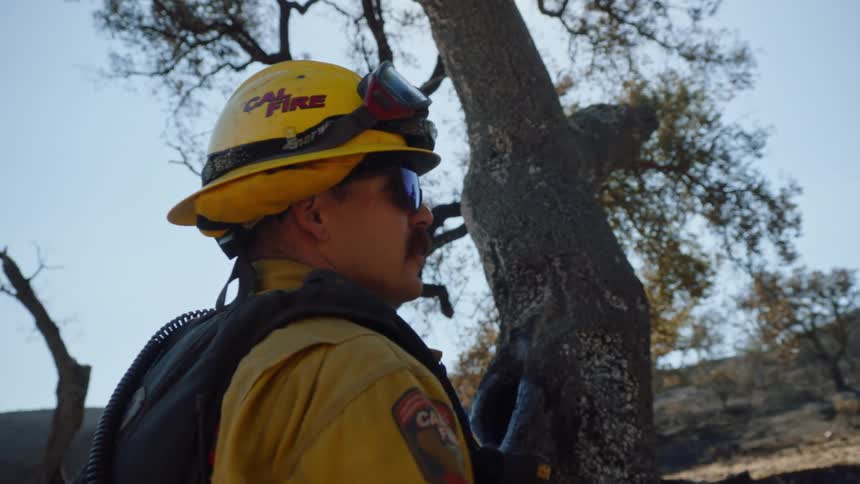 A fireman is standing outside near a tree as he raises his arm and speaks as he points