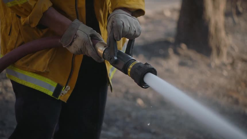 A firefighter holds a hose jetting out water in a forest