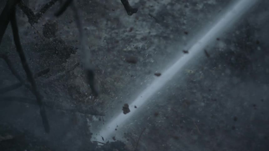 Stream of water sprayed onto hot ground near burnt vegetation creates steam