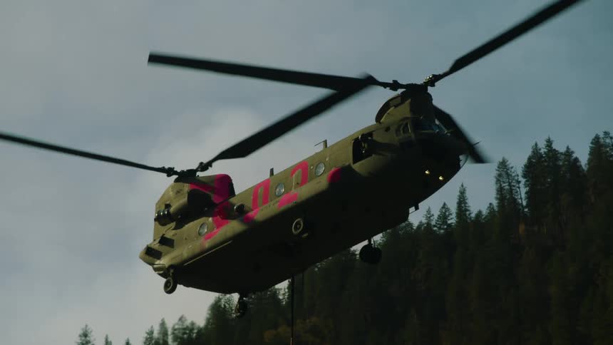 A military helicopter landing hovering near a forest