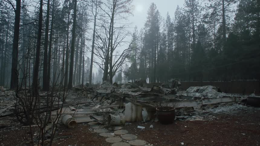 A collapsed building with shards of pottery rests between a forest of tall but barren trees