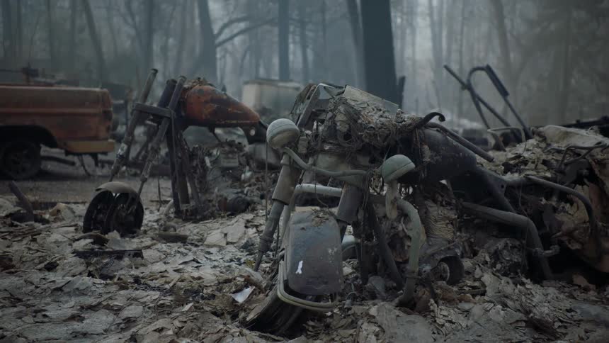 A closeup view of destroyed motorcycles and other debris after a natural disaster in a forest