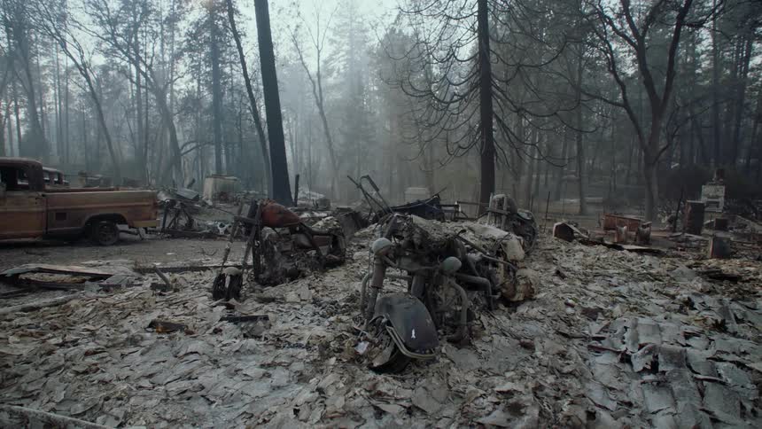 A burnt down vehicle and tools sit surrounded by trees