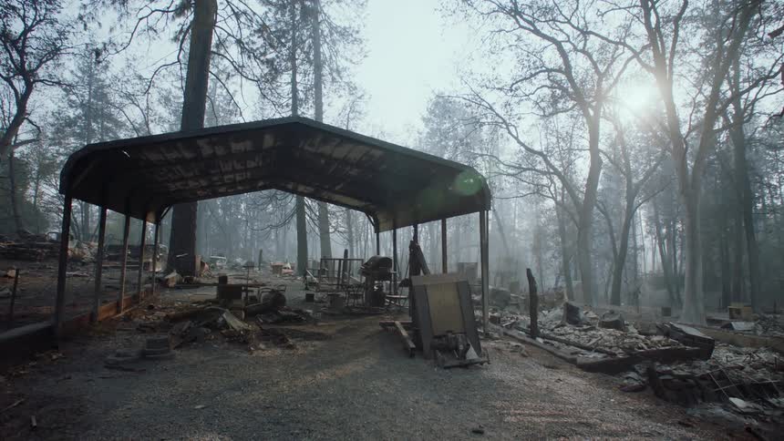 A garage shelter with junk under it in the middle of trees