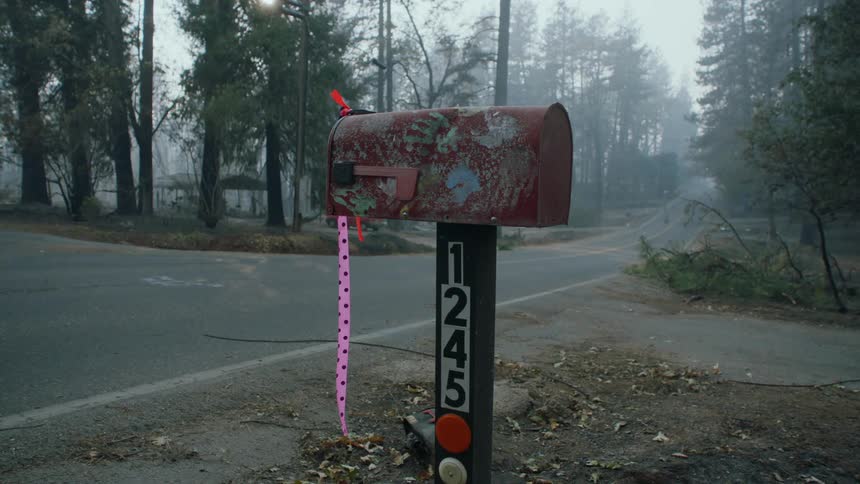 Ribbon hangs from mailbox set near highway across from foggy park