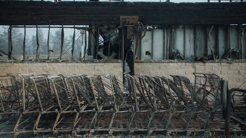 A line of rusty shopping carts rest inside a decaying urban building