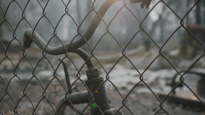 Burnt tricycle sits near chain link fence with woods in the background