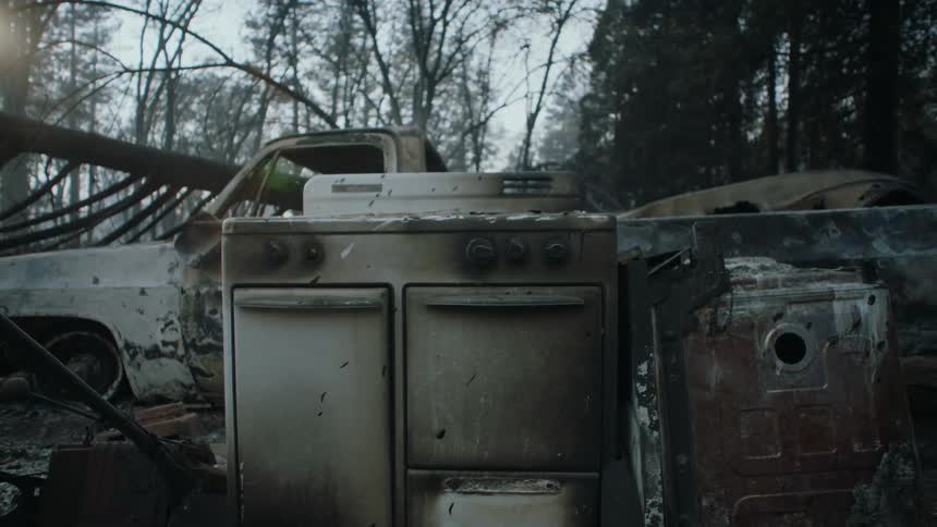 Charred truck and appliances sit among debris near fallen tree and conifer woods