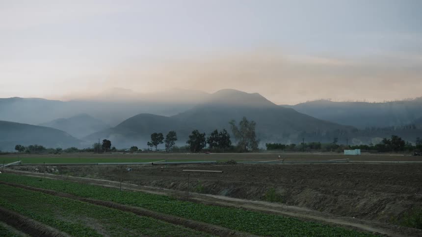 Field of crops in front of a mountain range covered in smoke from wildfires at evening