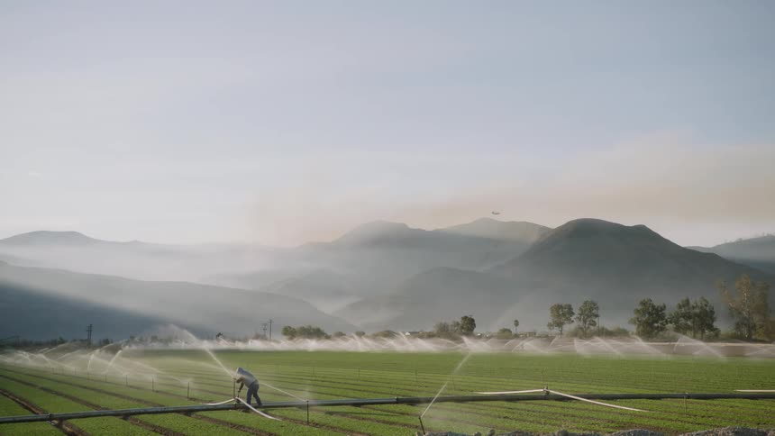 Farmer tending the sprinklers on a field next to mountains covered in smoke from wildfires