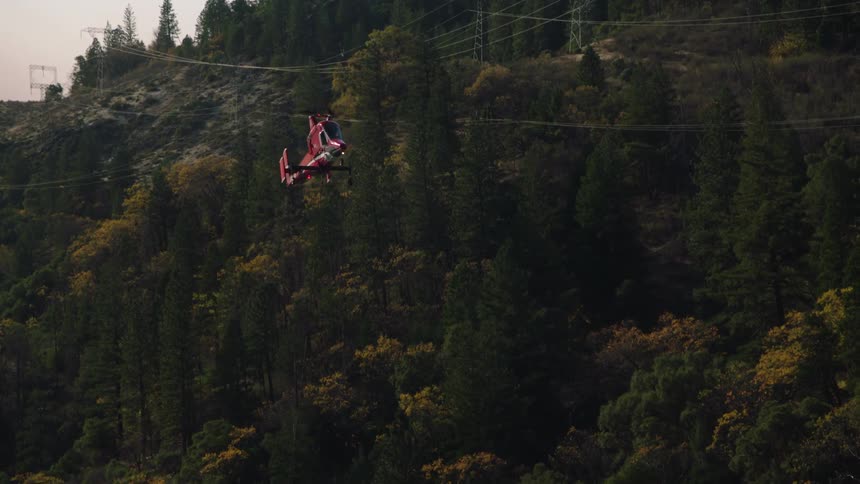 A view of a helicopter landing in a forest