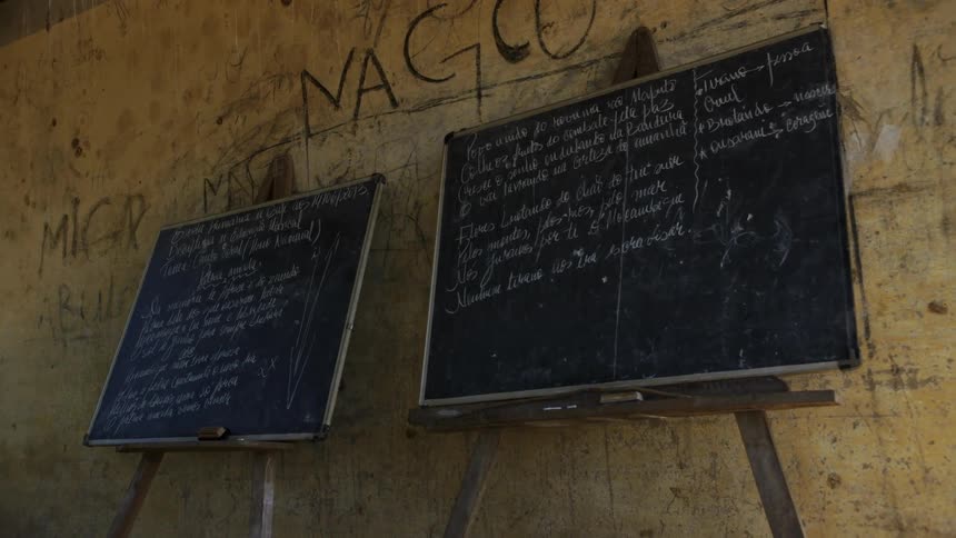 Two chalkboards are covered in writing