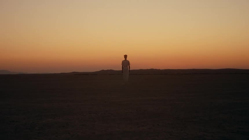 The silhouette of a figure wearing a long skirt walking into the desert with a golden sky