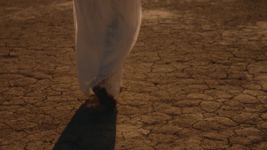 The sun shines upon a woman wearing a long white dress as she walks across the dry cracked desert and there are mountains in the distance