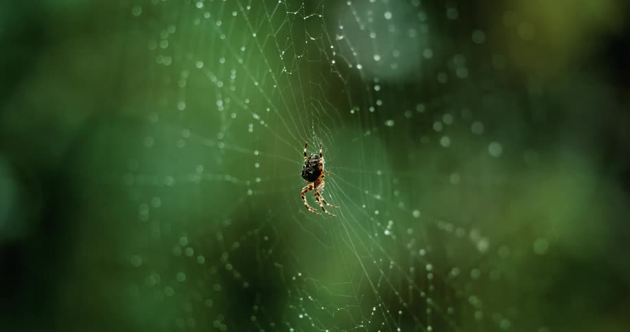 Brown bodied and speckled spider sits in swaying dew dotted web