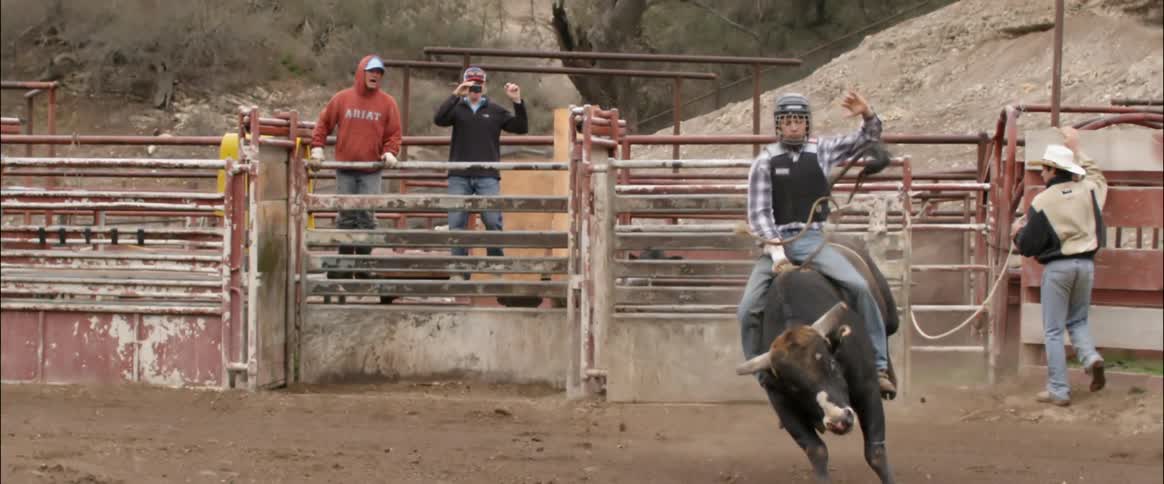 A bull rider rides on a bucking bull