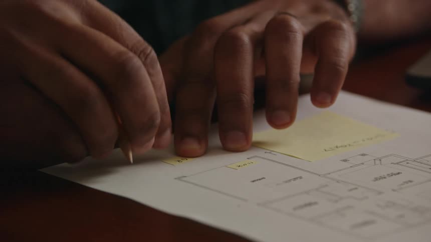 Someone is sitting down inside of their home and writing something down