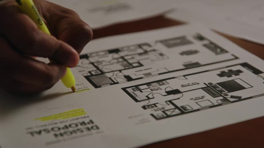 A man uses a highlighter to highlight text on a printed floor plan