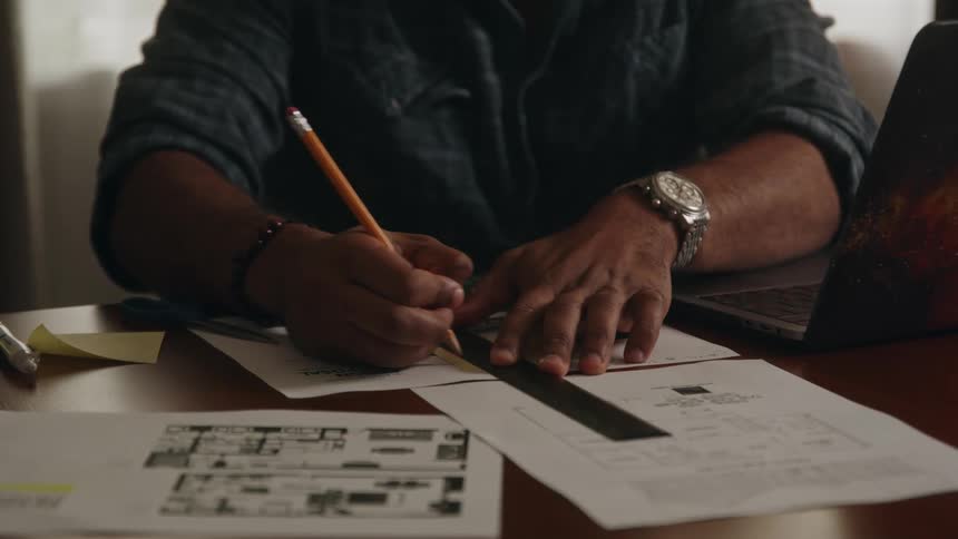 Man working in office uses ruler to detail plans
