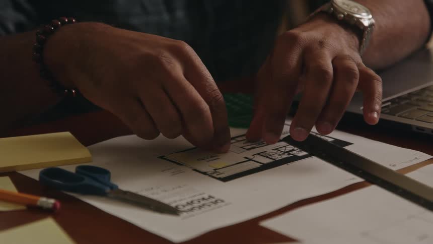 A man is rearranging furniture on a floor plan