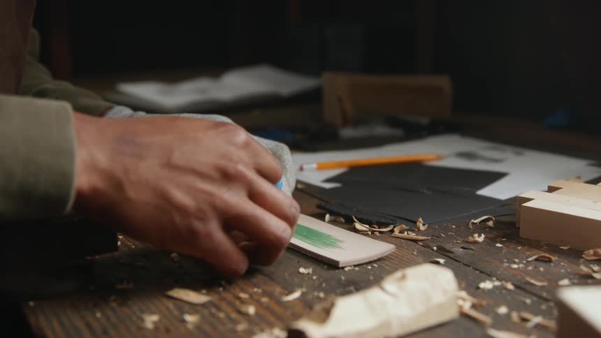 Woodworker marks wooden sheet before running edge of knife against sheet