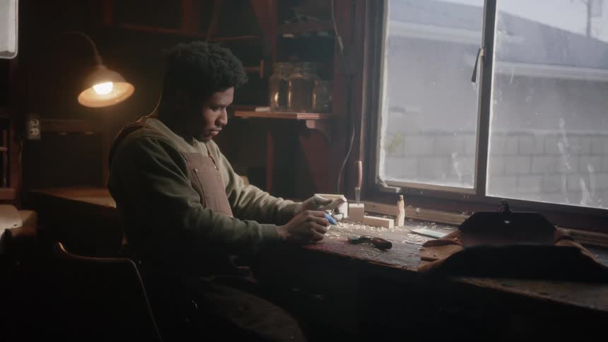 A man is sitting at a table near a window looking at small pieces of wood and woodworking tools