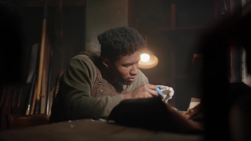 A young man inspects a small piece of wood that he is carving