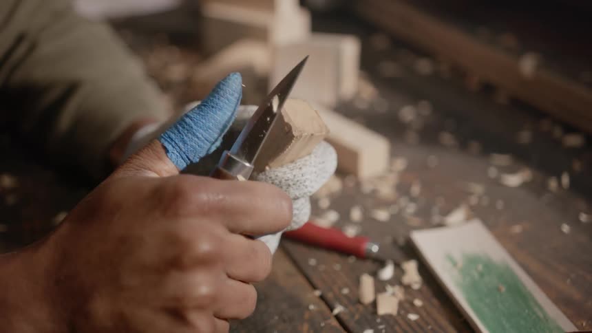 Woodcarver wearing finger covers and a glove sculpts wood with a blade
