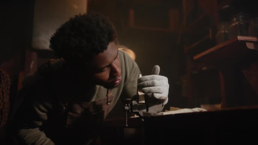 A young black man is building something inside of his home