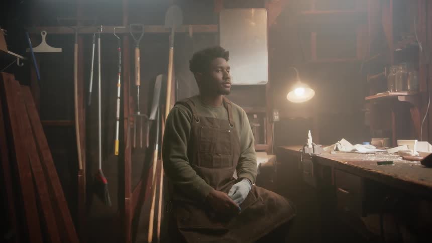 A man sitting on a stool next to his work bench while he looks at the camera
