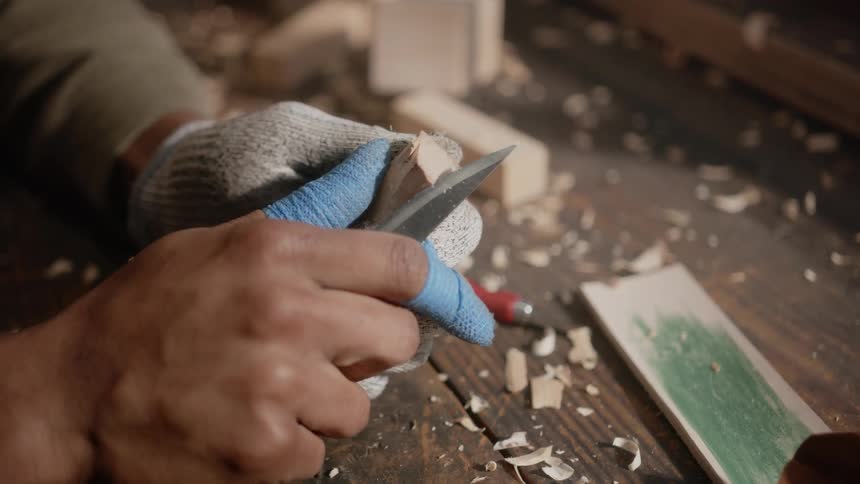A man is making an object from a piece of wood and he is carving it with a knife