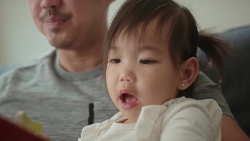 Father reading a story to his daughter while sitting on the couch at home
