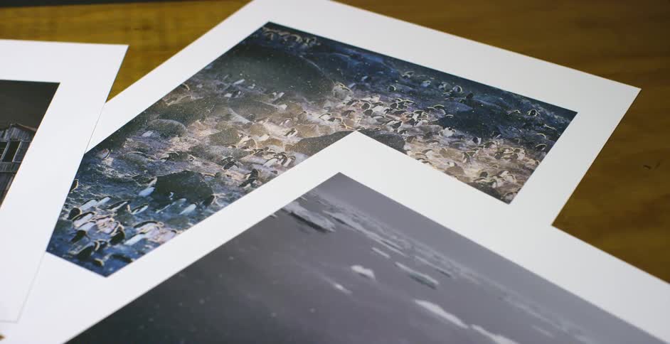 Pictures of glaciers lie on a desk