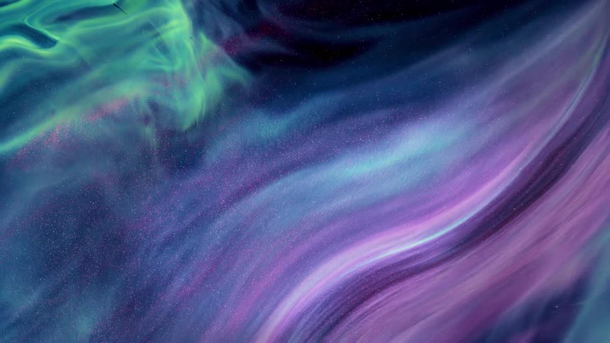 Bands of glowing pastel colors move as sparkling particles twinkle inside