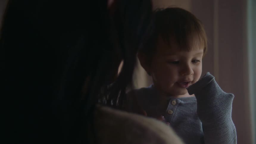 Mother with dark hair holds toddler son in her arms playing
