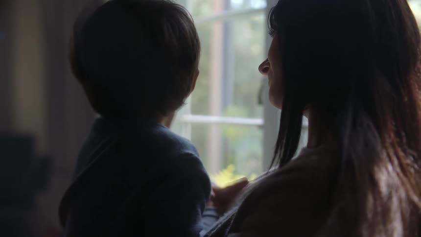 Mother holding her son as they stand in front of a window as the boy points outside