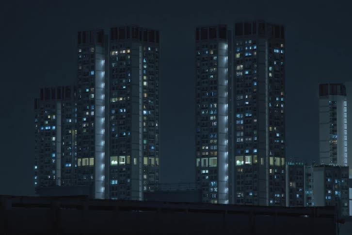 Time lapse of the night lights turning off on buildings in the city skyline