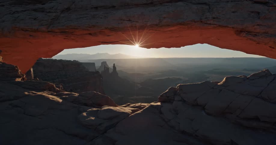 The morning sun shining through a glowing red rock arch