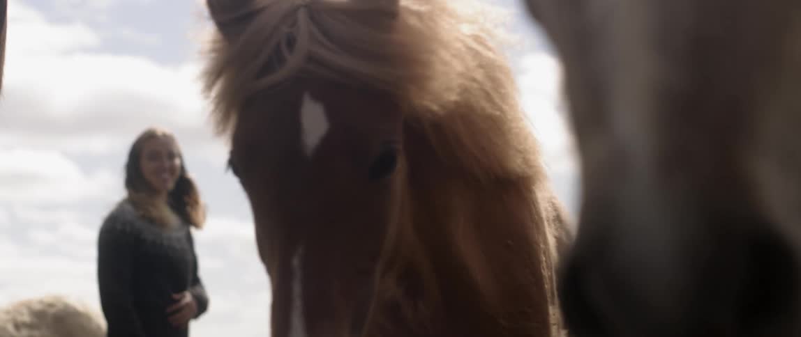 A woman stands with horses on a ranch