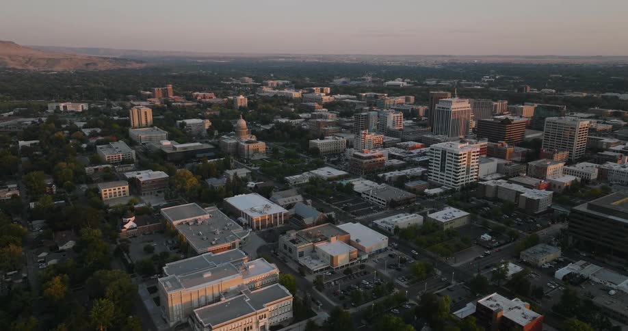 Aerial view of wisconsin state capitol and buildings in the city at dusk